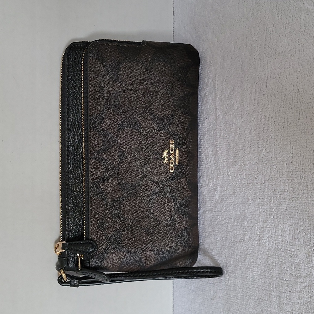 Coach Double Zip wristlet in signature canvas/pebbled leather